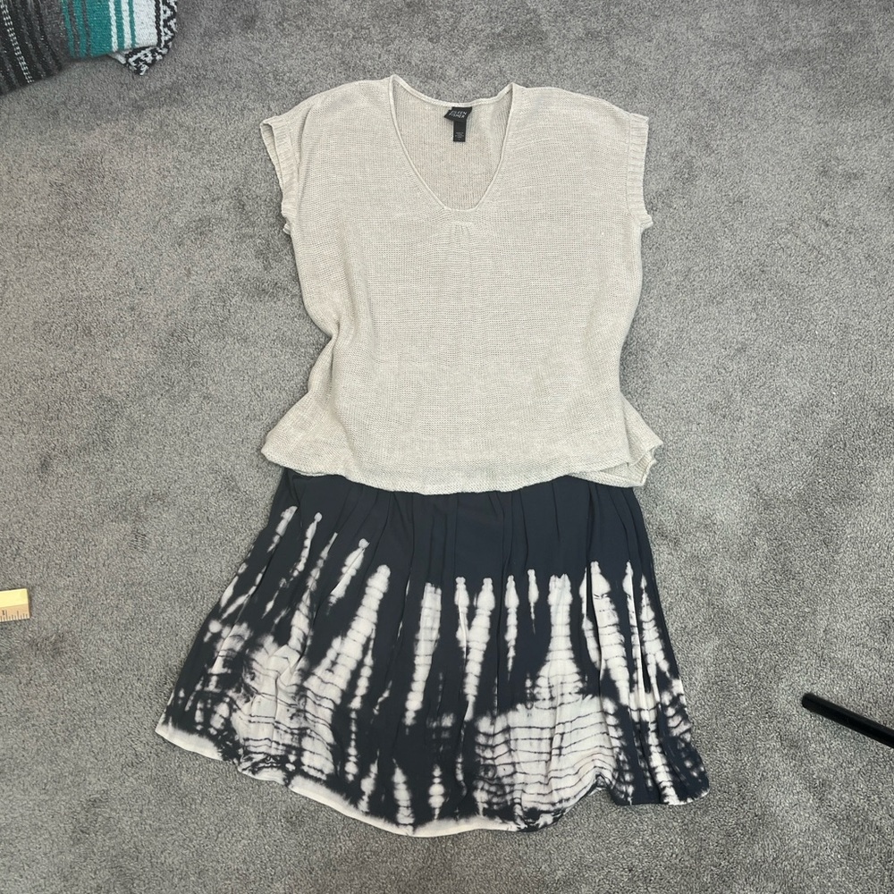 Sage Drip Tie Dye Skirt Silky Flouncy Slate Blue Gray Cream Small Elastic Waist